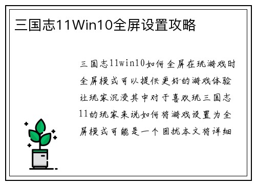三国志11Win10全屏设置攻略